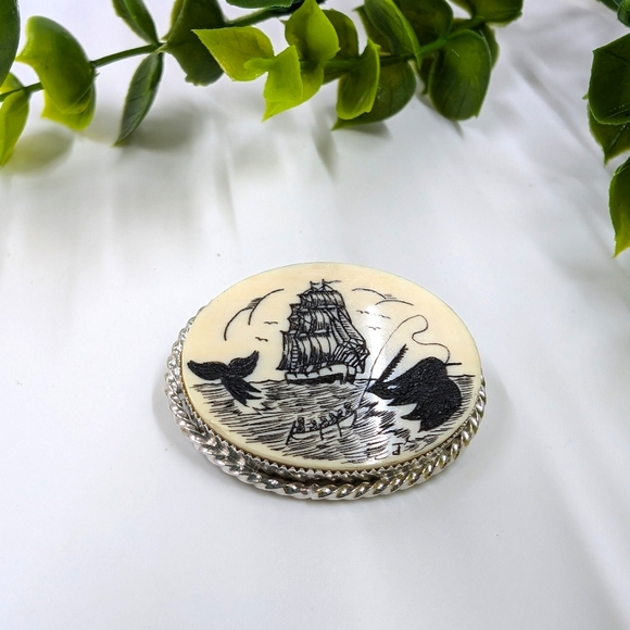 Vintage Ship and Whale Motif Sterling Silver Plated Brooch - Picture 2 of 4